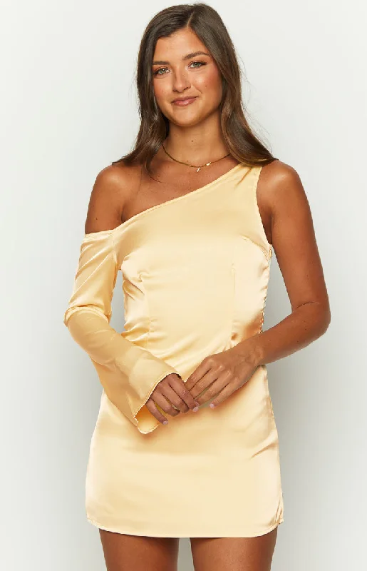 Singer Yellow Satin One Shoulder Mini Dress Classic Women's Tweed