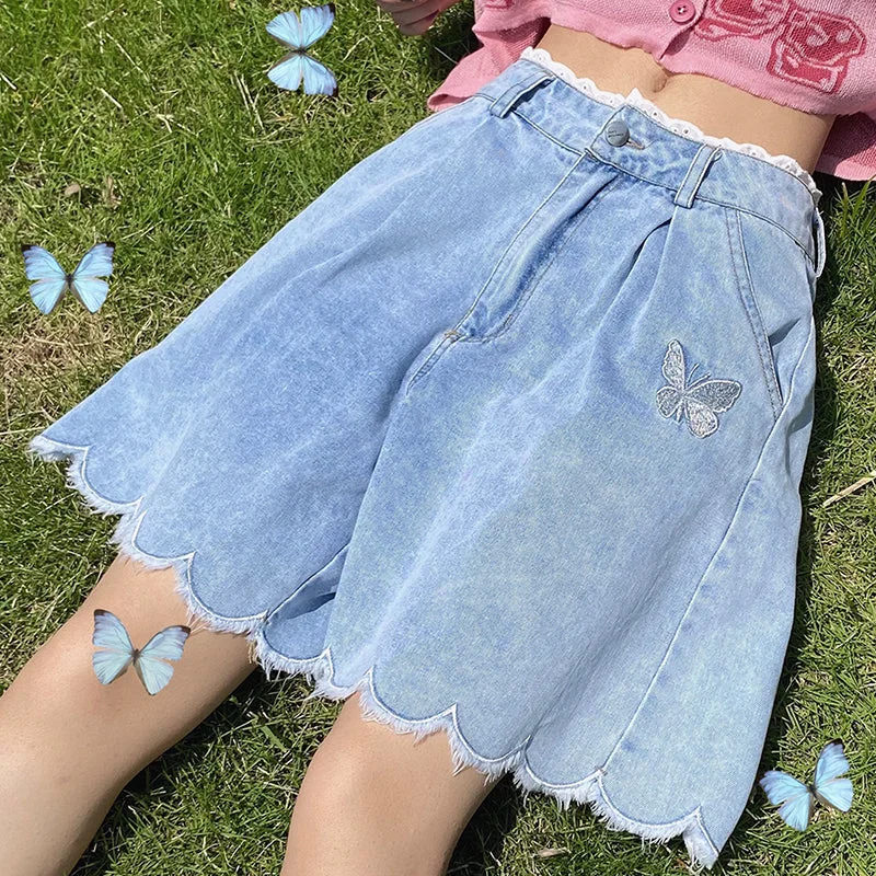 Butterfly Embroidered Denim Shorts PL50657 British Gentlewoman Style