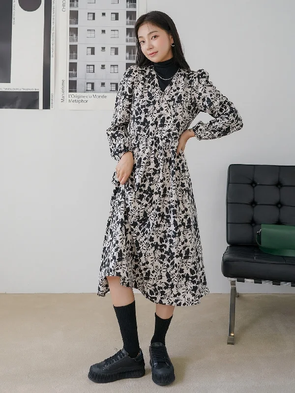 All Over Print Wrap Long Sleeve V Neck Flared High Waist Long Dress Athletic Women's High - 