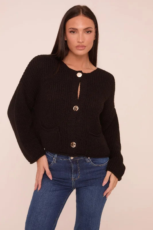 Black Knit Round Neck Long Sleeves Cardigan - Edna Tough Women's Military - inspired