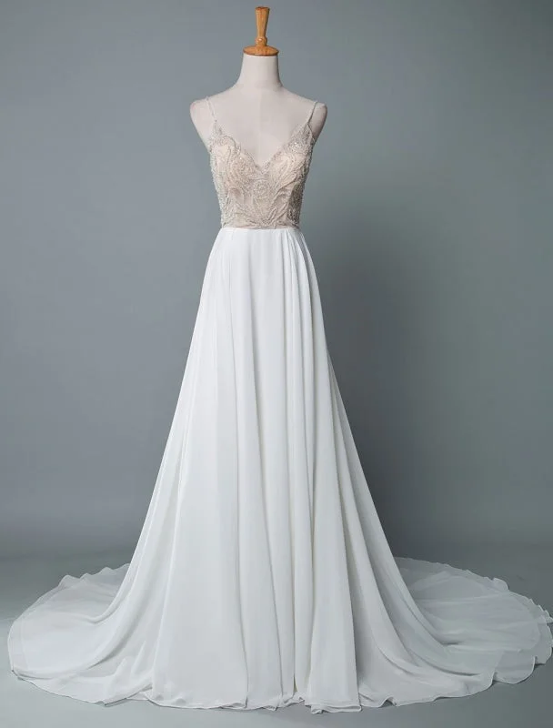 Simple Wedding Dress A Line V Neck Sleeveless Embroidered Chiffon Bridal Dresses With Train Practical Women's Multi - 