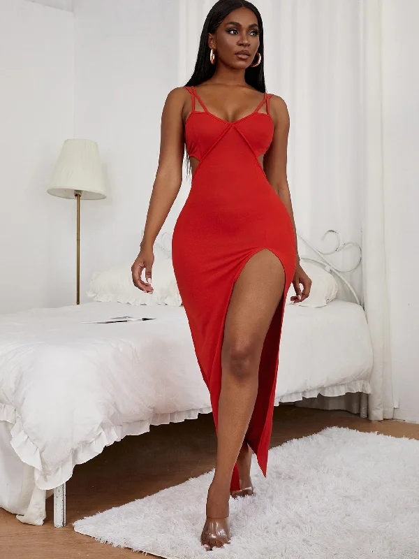 Plain Split Thigh Sleeveless Spaghetti Strap Slit Natural Long Womens Dress Gym