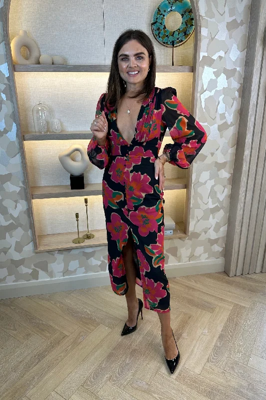 Holly V-Neck Floral Midi Dress In Black Streetwear Style for 