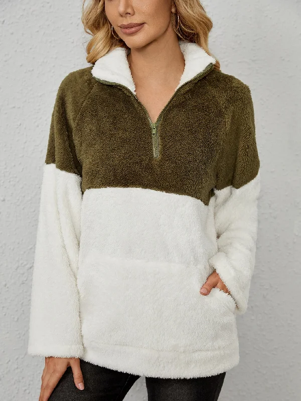 Casual Colorblock Zipper Long Sleeve Funnel Neck Regular Women Sweatshirt European