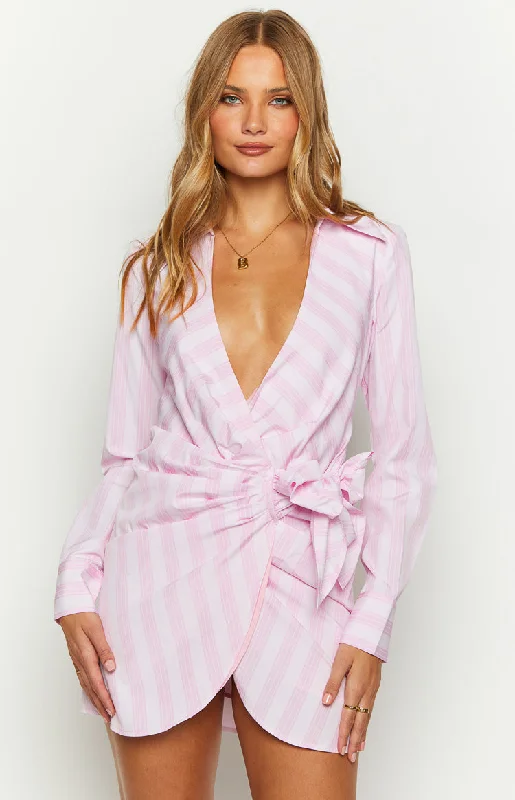 Holly Pink Stripe Tie Up Shirt Mini Dress Laid - back Women's Style