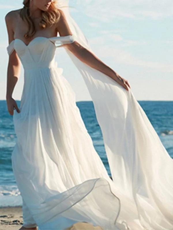 Wedding Dress A Line Off The Shoulder Sweetheart Neck Sleeveless Floor Length With Train Bridal Gowns Street