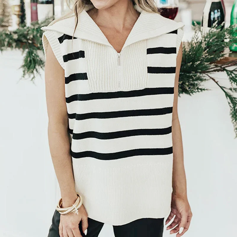 Lapel Striped Half-Zip Sweater Vest Wholesale Womens Clothing N3824082900013 Sleek Women's 
