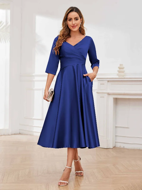 Miranda Elegant A-Line Pleated Midi Satin Mother of the Bride & Groom Dresses Casual Women's Japanese 