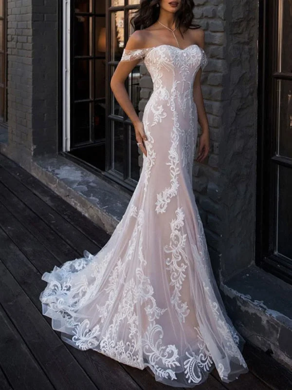 Boho Wedding Dresses 2021 Mermaid Off The Shoulder Customized Lace Short Sleeve Floor Length Bridal Gown With Sweep Train Elegant Women's 