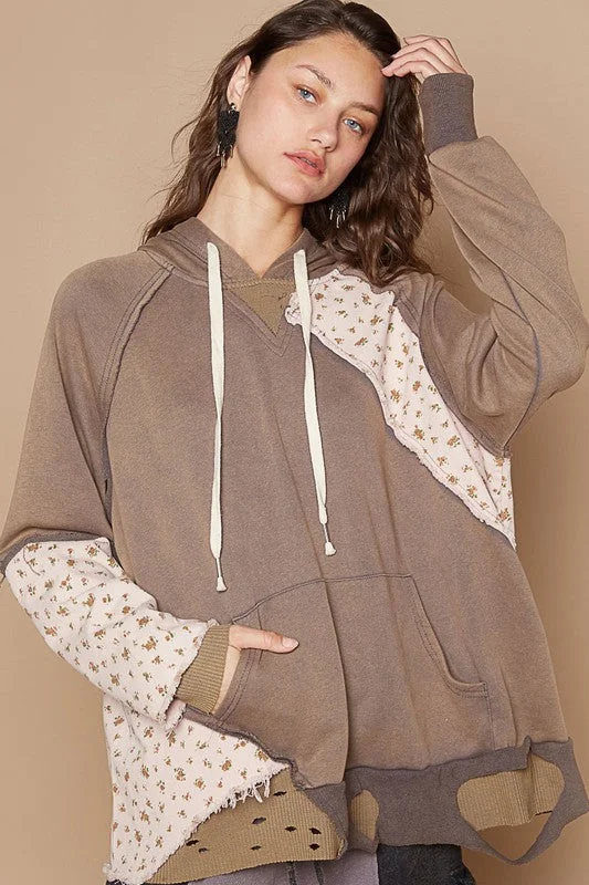 POL Floral Patchwork Distressed Drawstring Hoodie Adventure