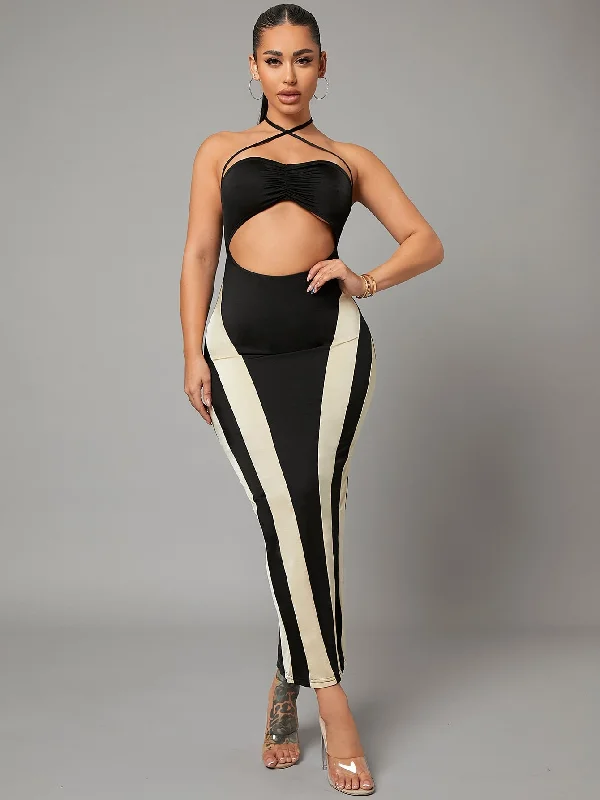 Colorblock Split Thigh Sleeveless Halter Pencil Natural Long Dress Feminine Women's Soft 