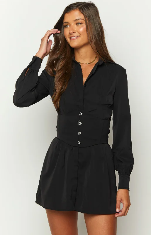 Social Black Mini Shirt Dress Feminine Women's Soft 