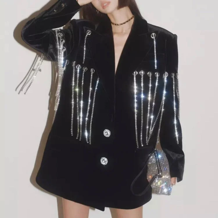 Women's Blazer Loose Notched Long Sleeve Patchwork Diamonds Tassel Classic Women's Pin - striped