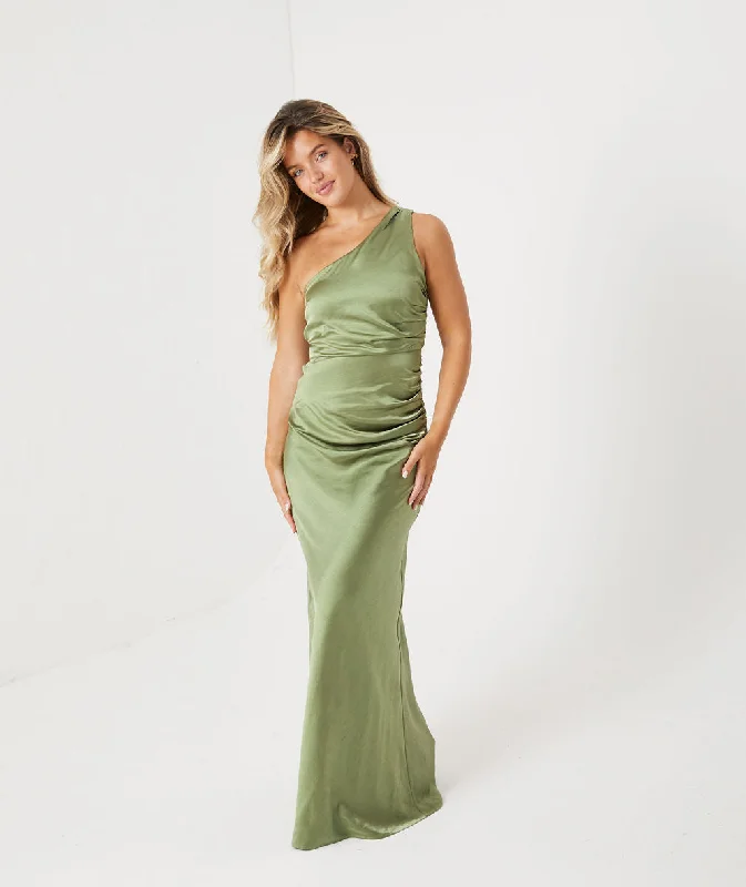 One Shoulder Satin Ruched Bridesmaid Dress - Moss Green Bold Women's Statement