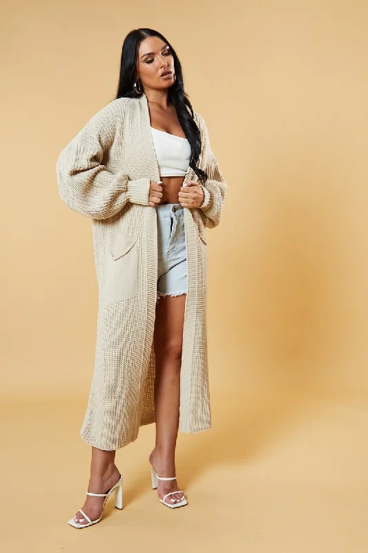 Beige Longline Knit  Maxi Cardigan - Ema Women