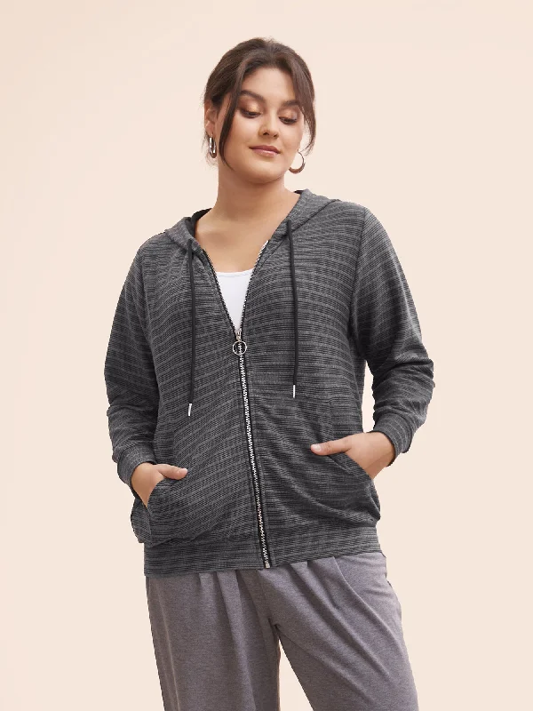 Textured O Ring Zipper Hooded Sweatshirt Sporty Women's Athleisure 
