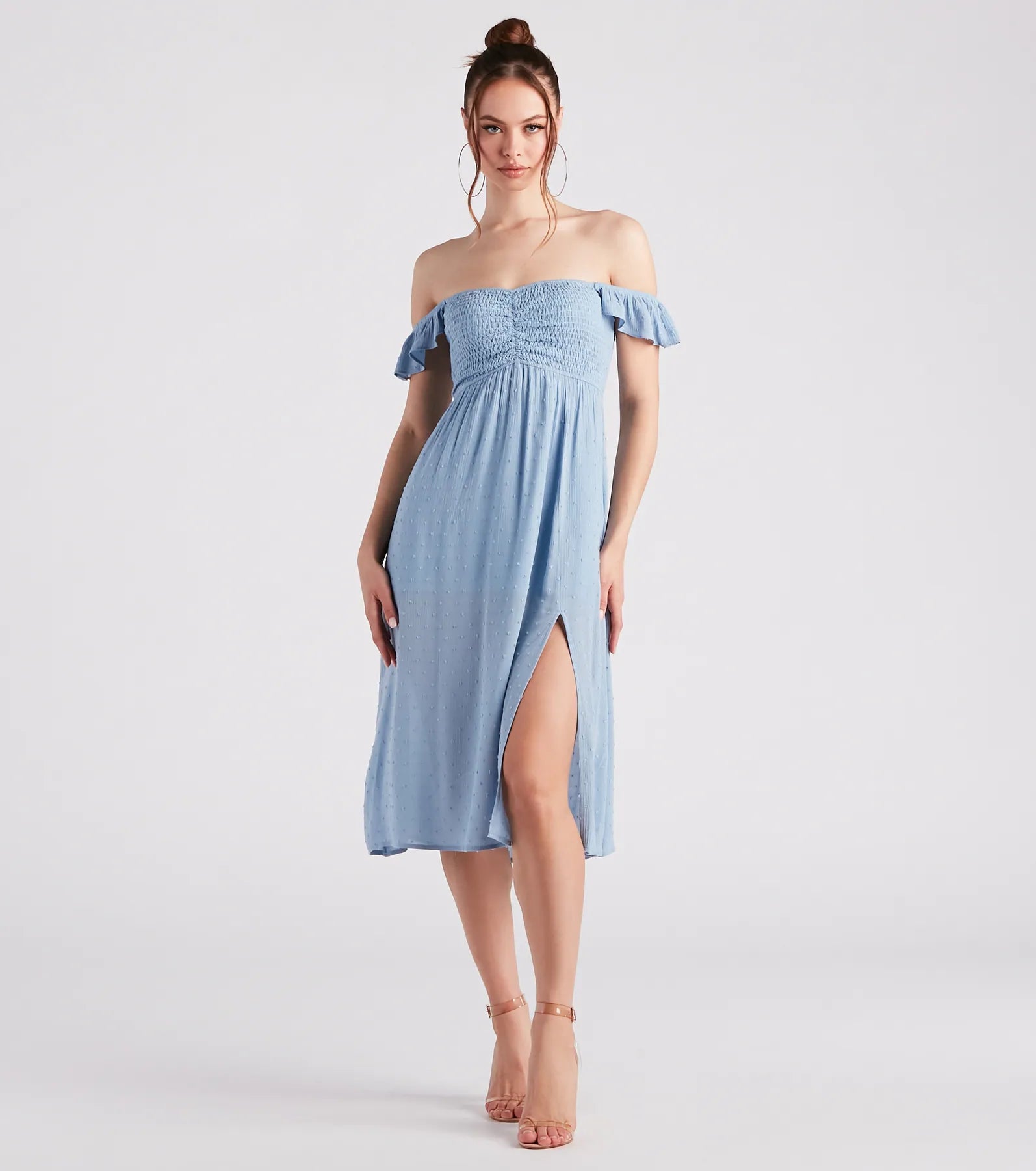 Just Peachy Keen Off-The-Shoulder Midi Dress purpose