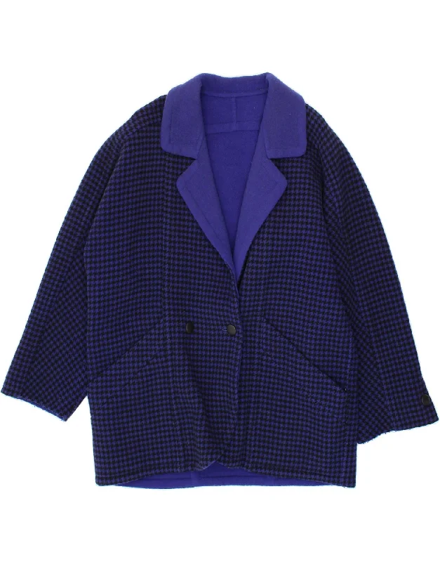 VINTAGE Womens Double Breasted Overcoat UK 20 2XL Navy Blue Houndstooth Confident Women's High - fashion