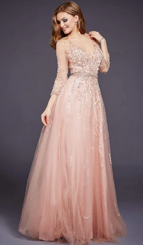 Jovani - 29084 Quarter Sleeve Ornate Illusion Tulle Gown Vacation