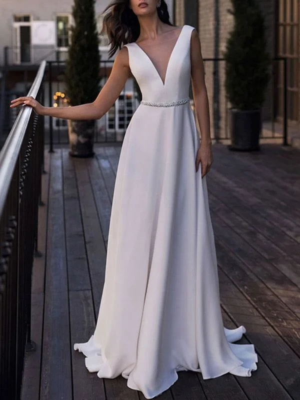 Simple Wedding Dress Satin Fabric V Neck Sleeveless Sash A Line Floor Length Bridal Gowns purpose