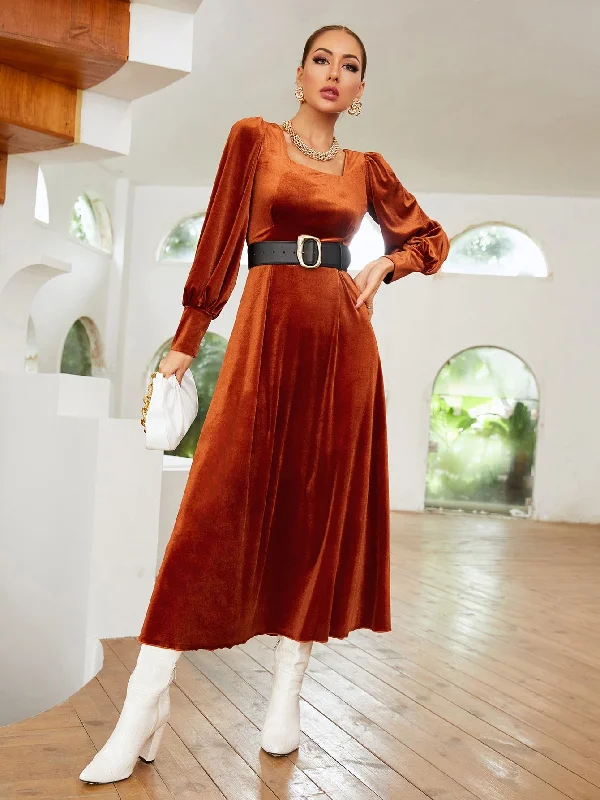 Plain Long Sleeve Square Neck Flared High Waist Long Dress Edgy Women's Punk