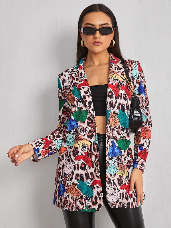 Casual Leopard Long Sleeve Lapel Regular Women Blazer Youthful Women's Pop