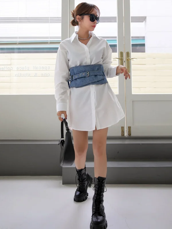 Plain Belted Long Sleeve Collar Asymmetrical Natural Short Dress Street