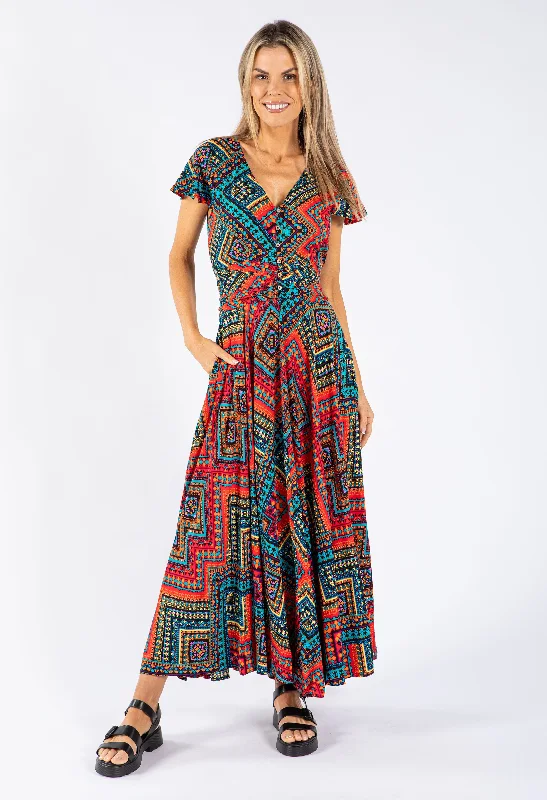 Aztec Print V Neckline Dress Sophisticated Women's Tailored
