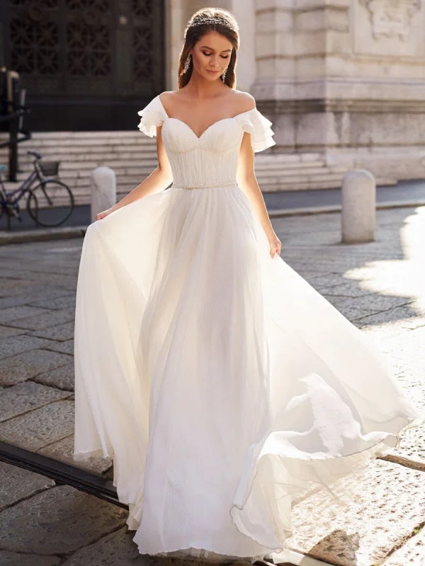 Simple Wedding Dress A Line Off The Shoulder Natural Waistline Chiffon Bridal Gowns Classic Women's Tweed
