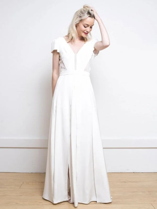 White Simple Wedding Dress Satin Fabric V-Neck Short Sleeves Backless Split Front A-Line Long Bridal Dresses French