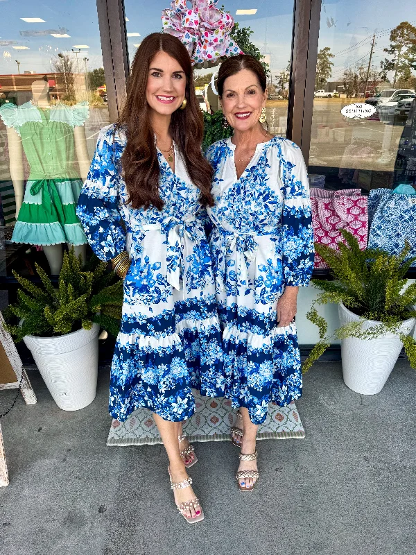 Blue Dreams Midi Dress Artistic Women's Hand - painted