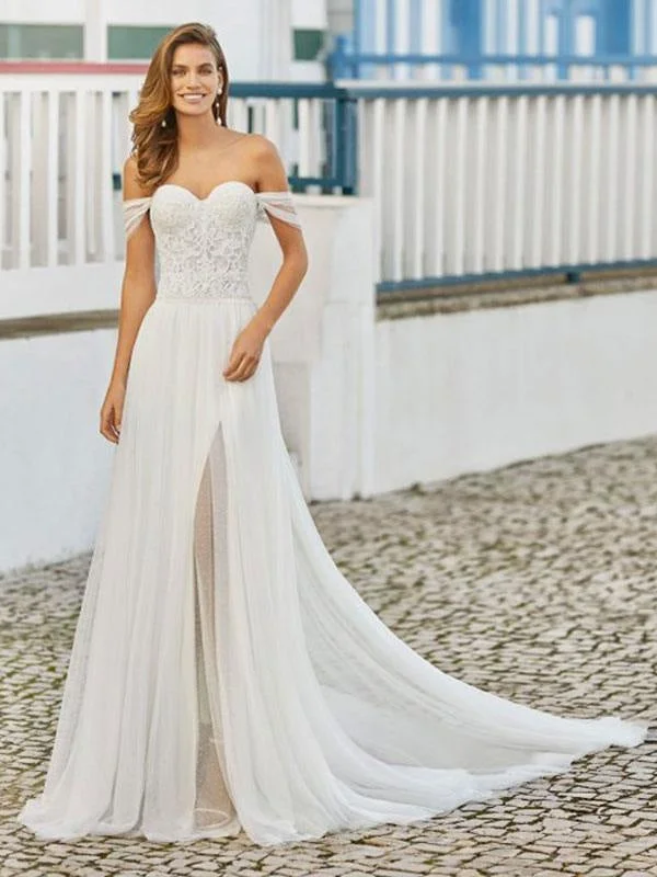 Wedding Dresses With Train A-Line Floor-Length Sleeveless Beaded Sweetheart Neck Bridal Gowns Stylish Women's Tropical 