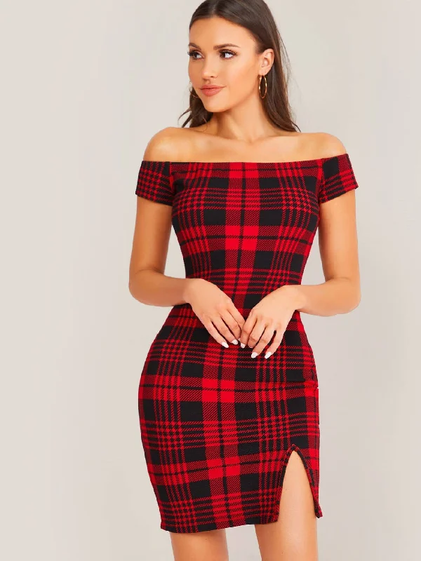 Plaid Split Cap Sleeve Off The Shoulder Pencil Natural Short Dress Sporty Women's Tennis