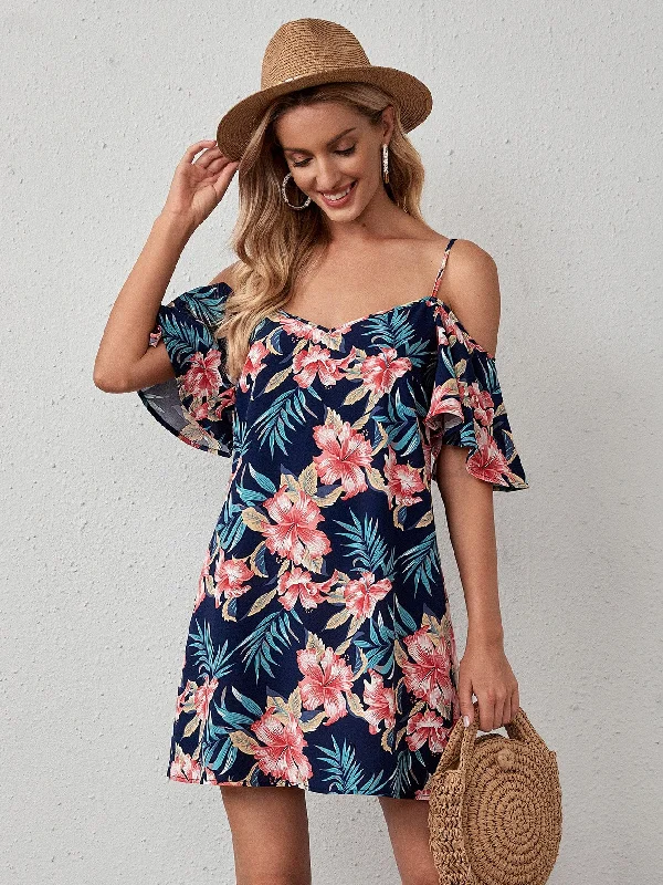 Tropical Half Sleeve Cold Shoulder Straight Natural Short Dress Laid - back Women's Style