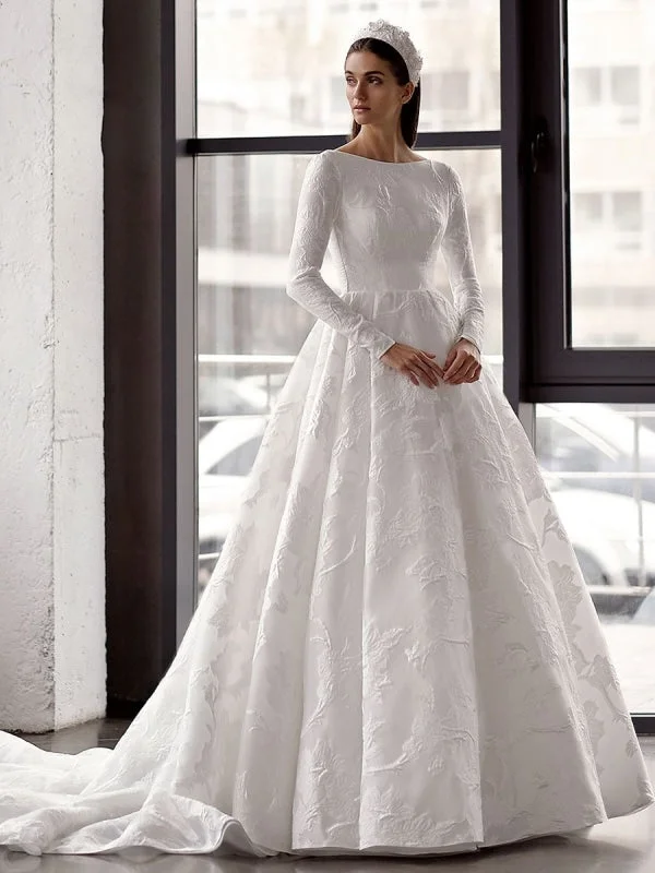 White Simple Wedding Dress With Train A-Line Jewel Neck Long Backless Sleeves Satin Fabric Bridal Gowns Laid - back Women's Vibe