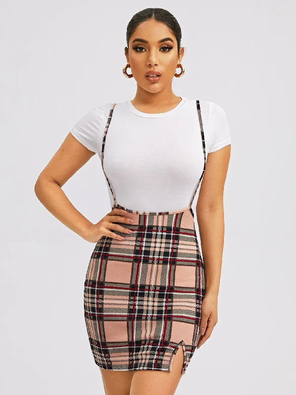 Plaid Split Sleeveless Spaghetti Strap Pencil Natural Short Womens Dress Practical Women's Quick - dry
