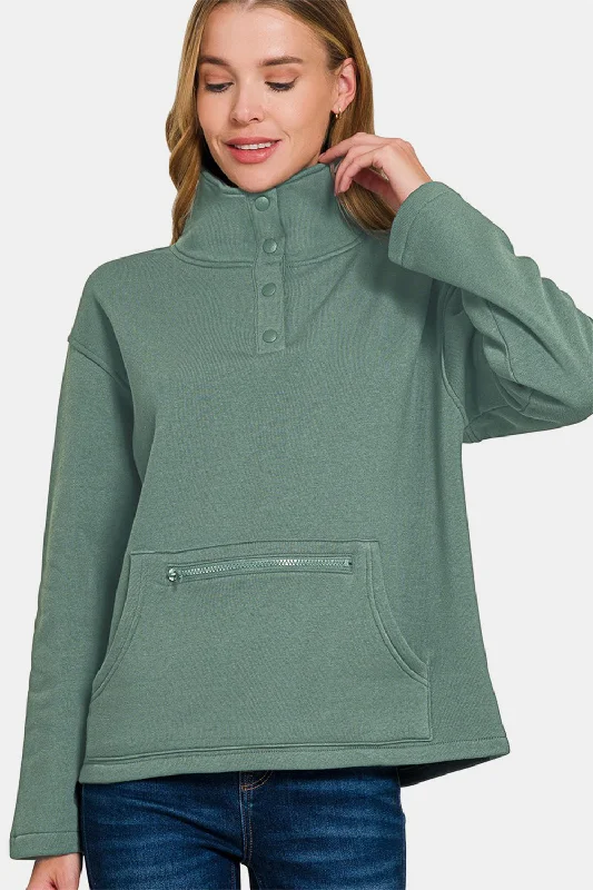 Zenana Turtleneck Half Snap Fleece Sweatshirt Hip Women's Urban