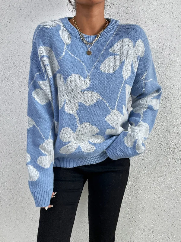 Casual Floral Long Sleeve Round Neck Regular Women Sweater Athletic Women's 