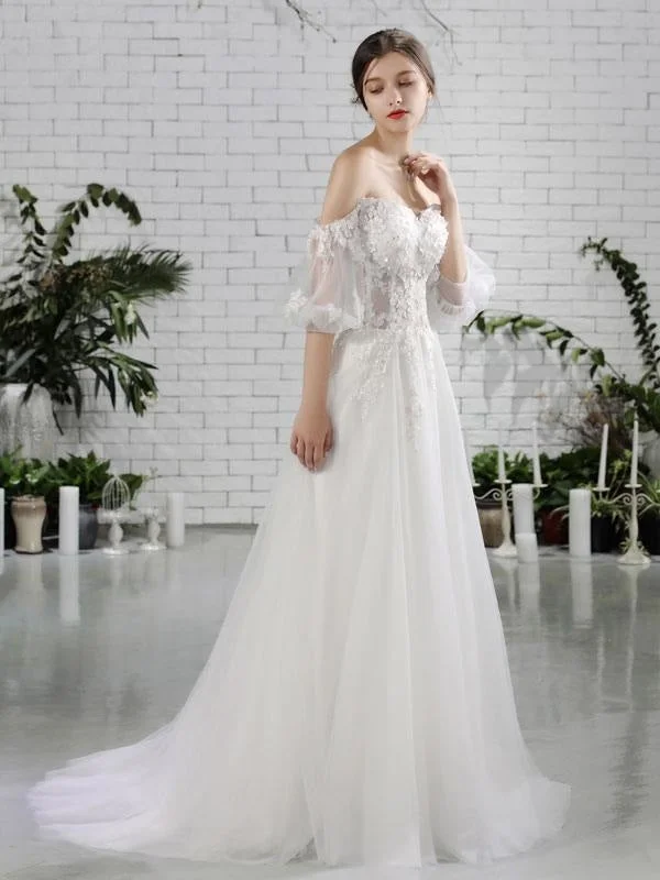 Beach Bridal Dress Ivory Off Shoulder Wedding Gowns Half Sleeve Flowers Beaded Sweetheart Neckline Maxi Wedding Dress For Summer Sustainable Organic