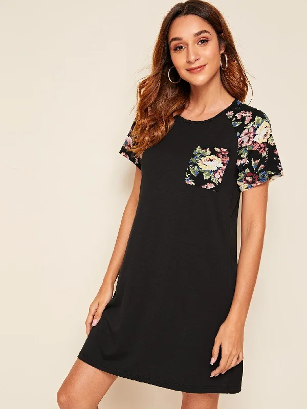 Floral Pocket Short Sleeve Round Neck Straight Natural Short Dress Relaxed Women's 