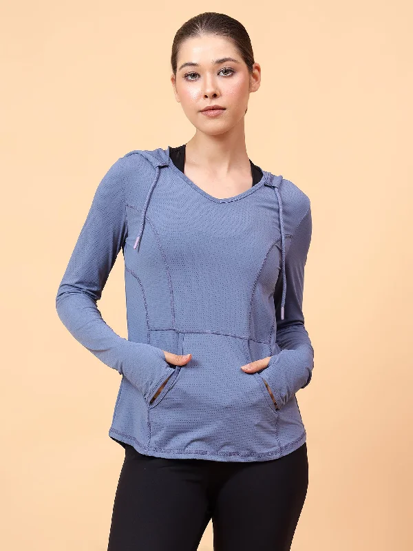 Fitkin Women's Blue Self Design Longsleeve Hooded Tshirt Unique Women's Upcycled