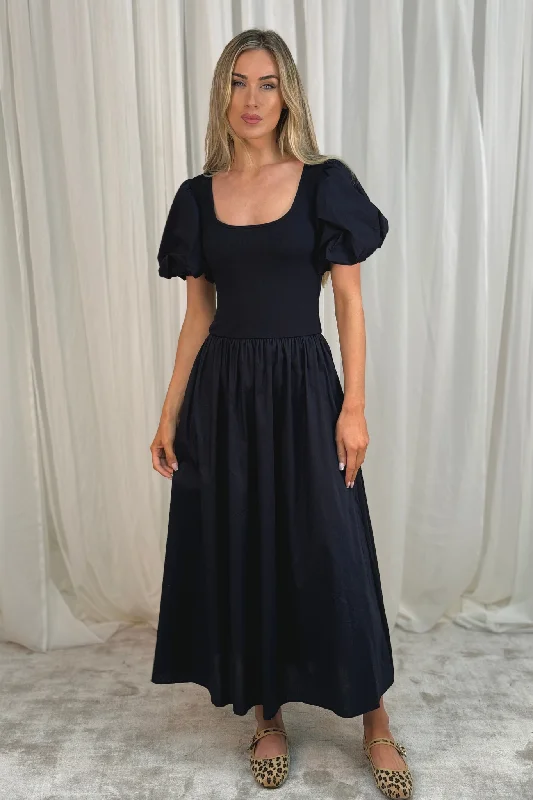 Leona Puff Sleeve Midi Dress In Navy garde