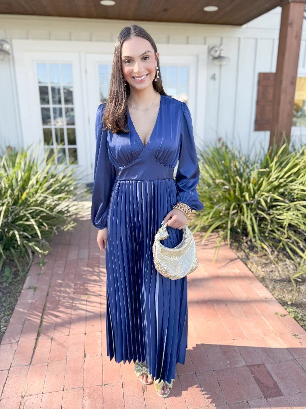 The Roya Pleated Satin Midi Dress-Royal Blue Classic Women's Tweed