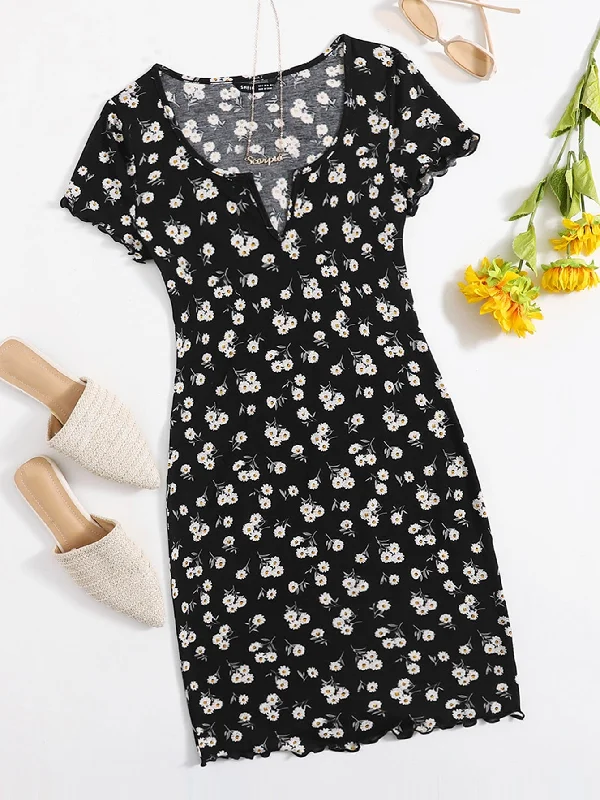 Ditsy Floral Lettuce Trim Cap Sleeve Notched Pencil Natural Short Dress Preppy Women's College