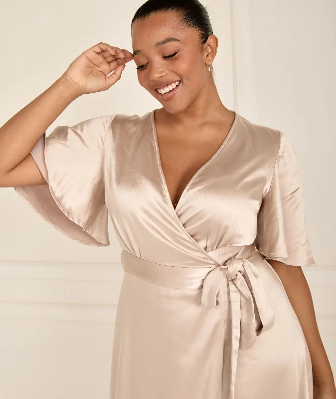 Wrap Tie Satin Bridesmaid Dress - Oyster Feminine Women's Soft 