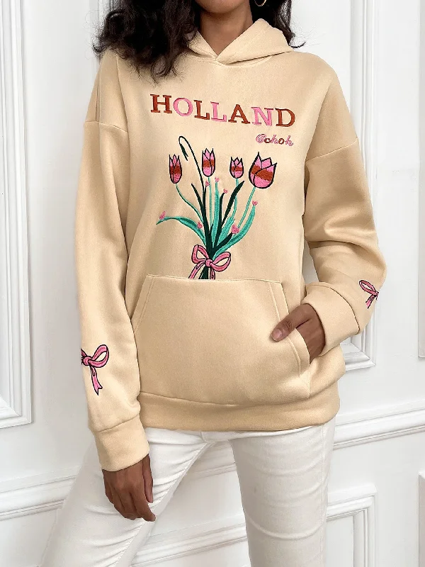 Casual Letter Pocket Long Sleeve Hooded Regular Women Sweatshirt Dynamic Women's Moto