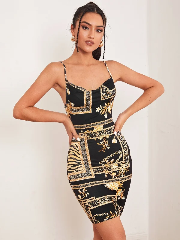 Baroque Draped Sleeveless Spaghetti Strap Pencil Natural Short Dress Bold Women's Statement