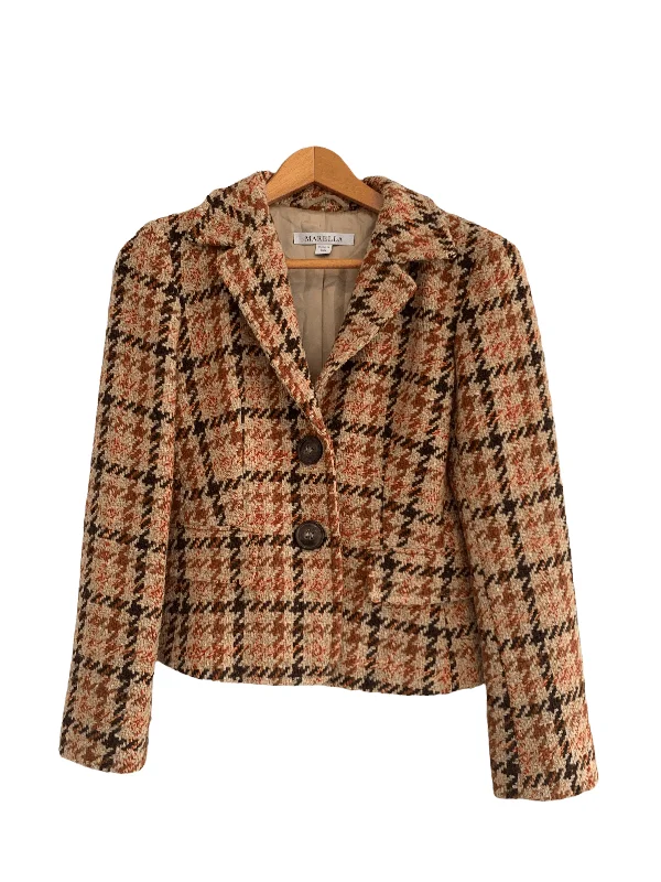 Marella Tweed Single Breasted Jacket Beige UK Size 8 Polished Women's Silk