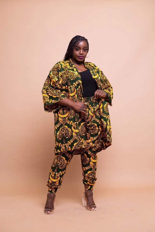 Amara Ankara Kimono Jacket | Yellow and Green African Print Refined Women's Classic 