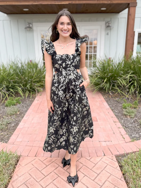 The Ashton Floral Scalloped Cut Out Midi Dress-Black Cozy Women's Winter